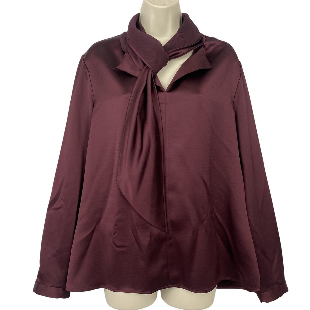 Chicos Black Label Top Size 2 12/14 Burgundy Tie Neck Satin Jewel Tone Luxe